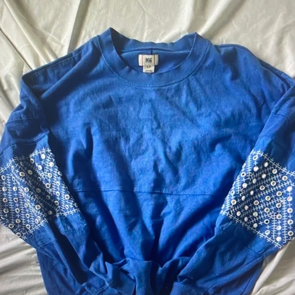 Urban Outfitters Royal Blue Long Sleeve Tee with Embroidered Sleeve Panels